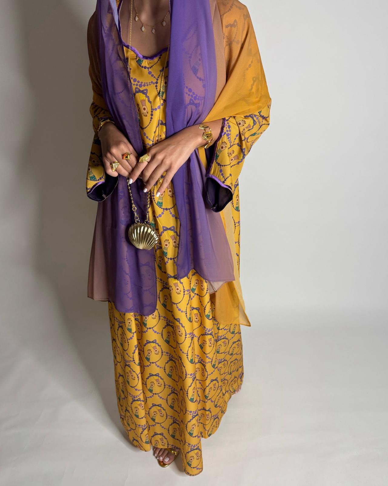 A531 - Mustard & Purple Henna Pattern Jalabiya & Matching Ombre Head Scarf