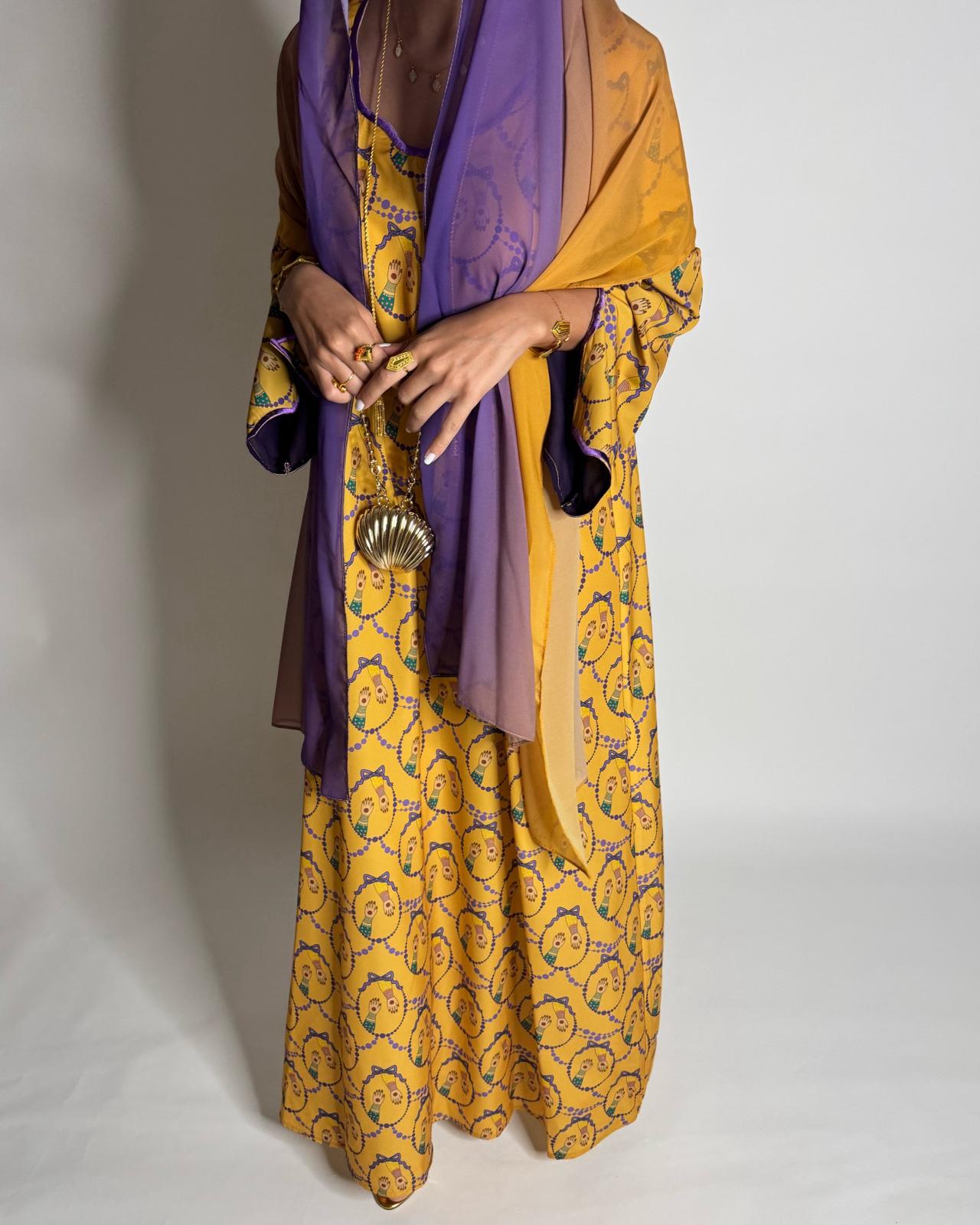A531 - Mustard & Purple Henna Pattern Jalabiya & Matching Ombre Head Scarf