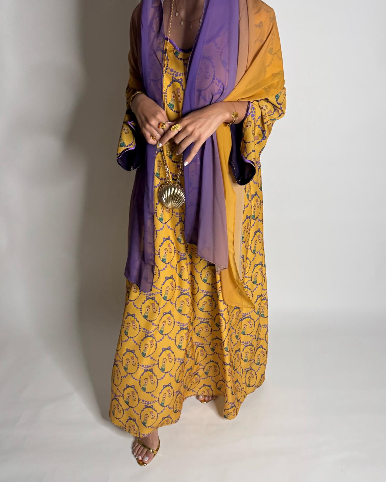 A531 - Mustard & Purple Henna Pattern Jalabiya & Matching Ombre Head Scarf