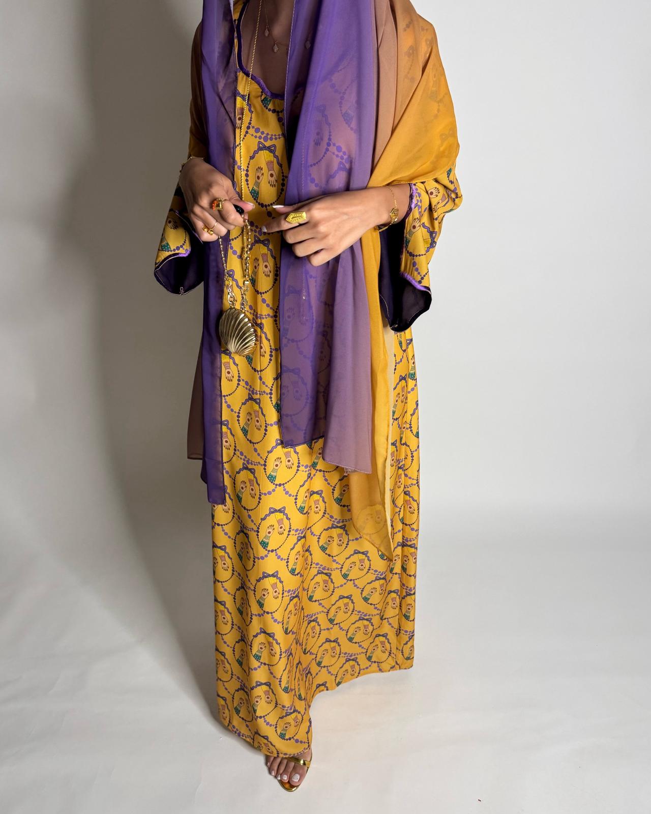 A531 - Mustard & Purple Henna Pattern Jalabiya & Matching Ombre Head Scarf