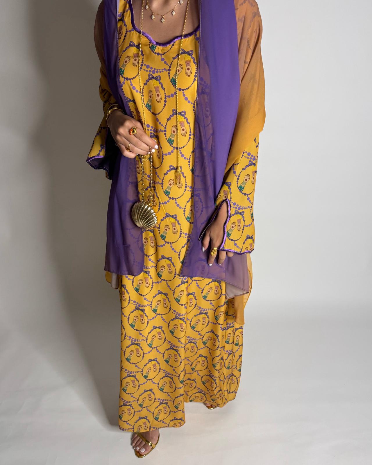 A531 - Mustard & Purple Henna Pattern Jalabiya & Matching Ombre Head Scarf