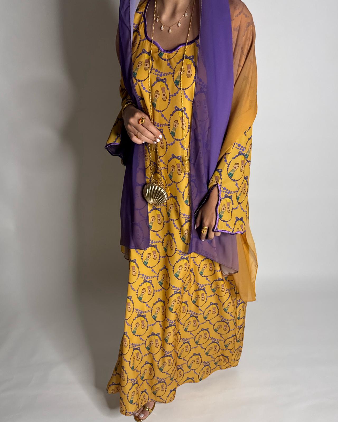 A531 - Mustard & Purple Henna Pattern Jalabiya & Matching Ombre Head Scarf