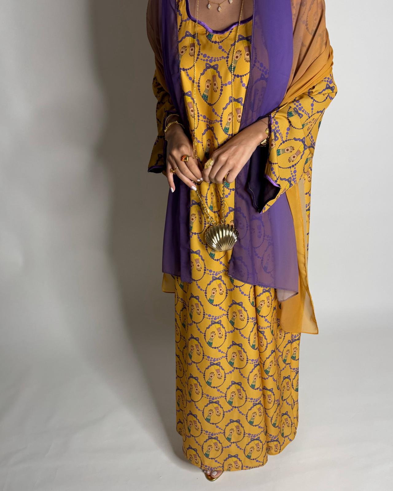 A531 - Mustard & Purple Henna Pattern Jalabiya & Matching Ombre Head Scarf