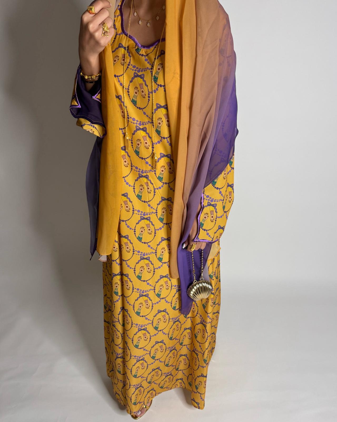 A531 - Mustard & Purple Henna Pattern Jalabiya & Matching Ombre Head Scarf