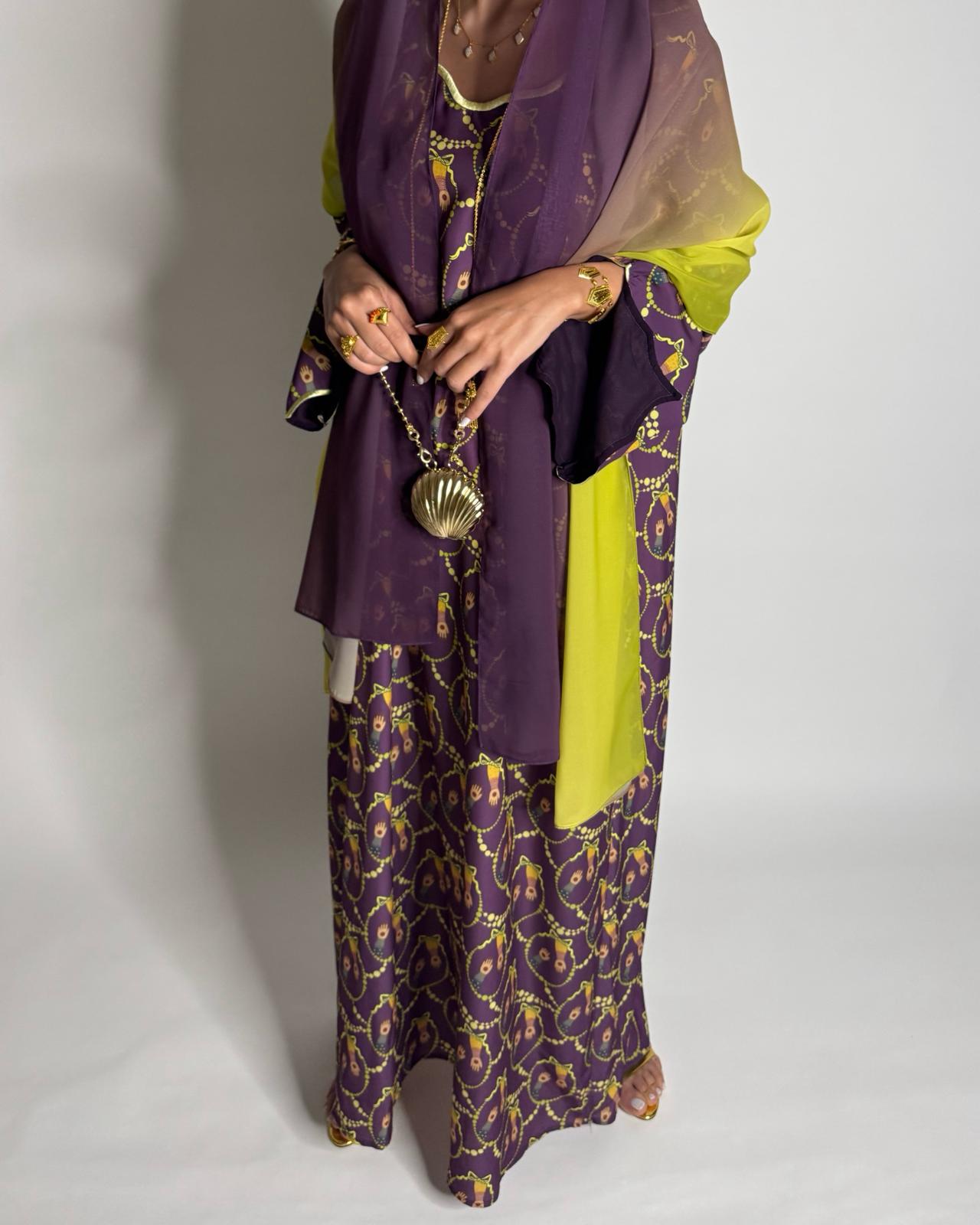 A532 - Dark Purple & Yellow Henna Pattern Jalabiya & Matching Ombre Head Scarf