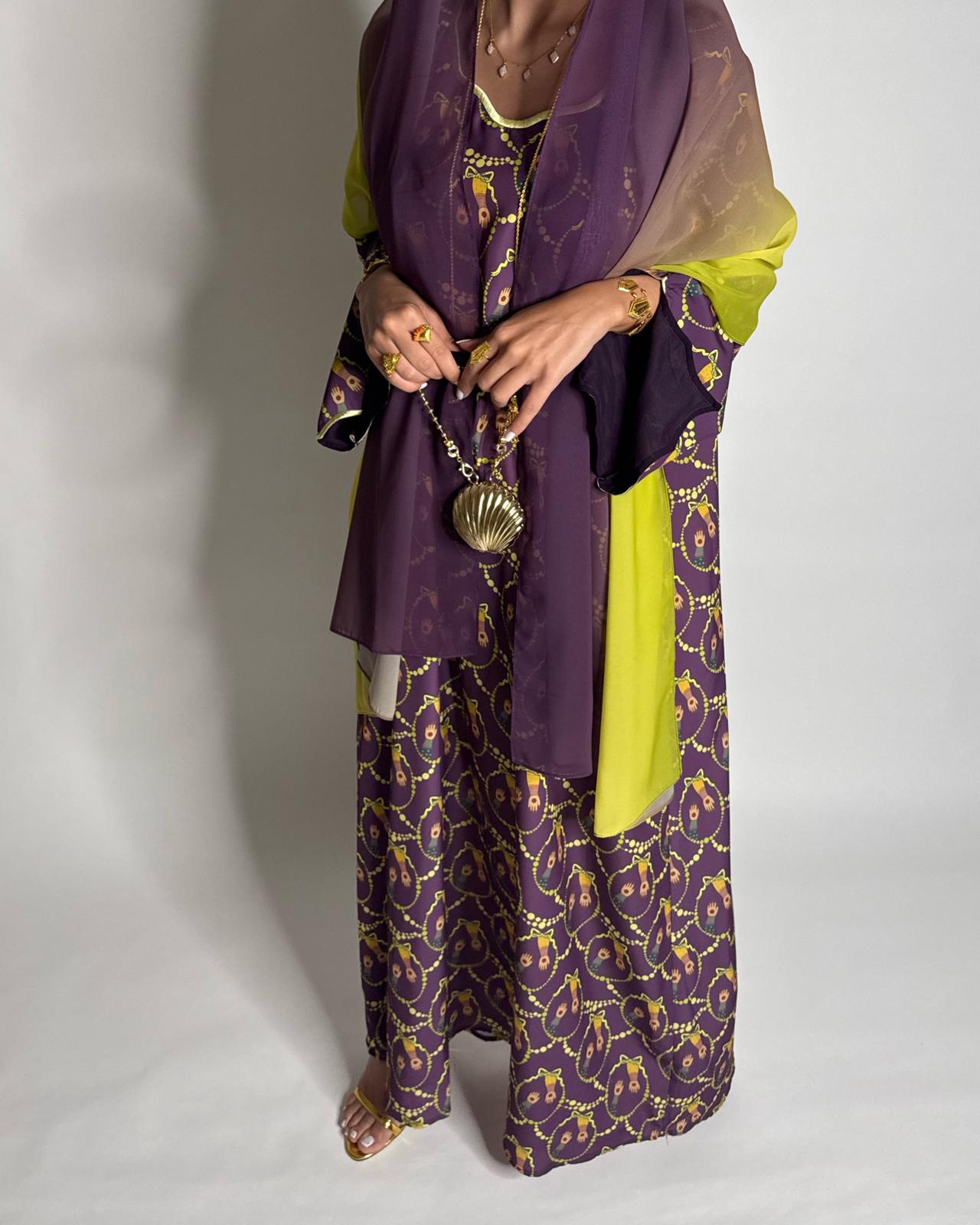 A532 - Dark Purple & Yellow Henna Pattern Jalabiya & Matching Ombre Head Scarf