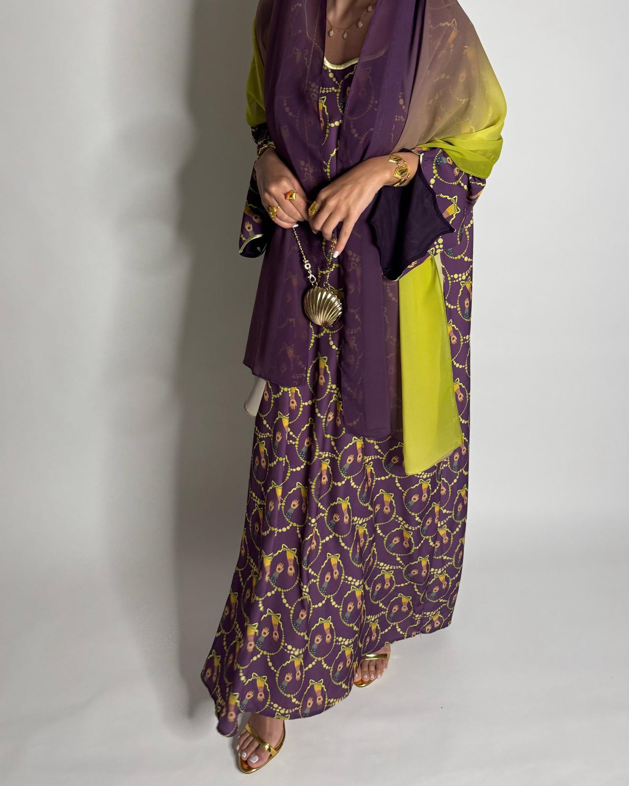 A532 - Dark Purple & Yellow Henna Pattern Jalabiya & Matching Ombre Head Scarf
