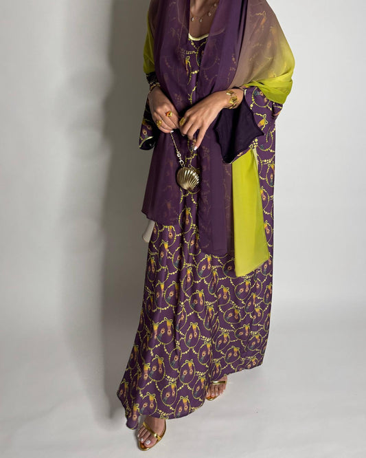 A532 - Dark Purple & Yellow Henna Pattern Jalabiya & Matching Ombre Head Scarf
