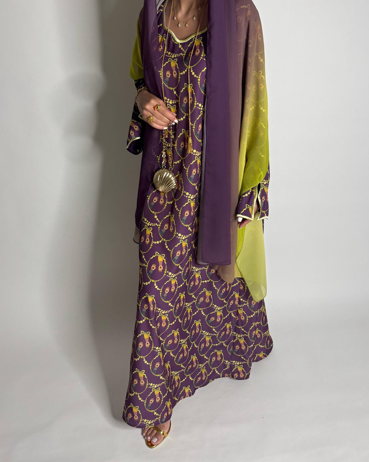 A532 - Dark Purple & Yellow Henna Pattern Jalabiya & Matching Ombre Head Scarf