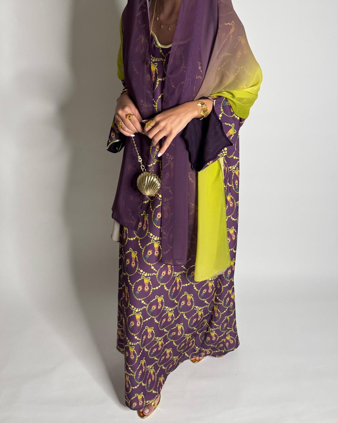 A532 - Dark Purple & Yellow Henna Pattern Jalabiya & Matching Ombre Head Scarf