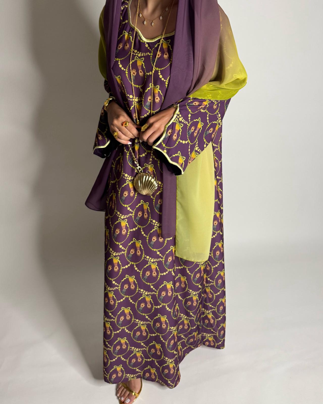 A532 - Dark Purple & Yellow Henna Pattern Jalabiya & Matching Ombre Head Scarf