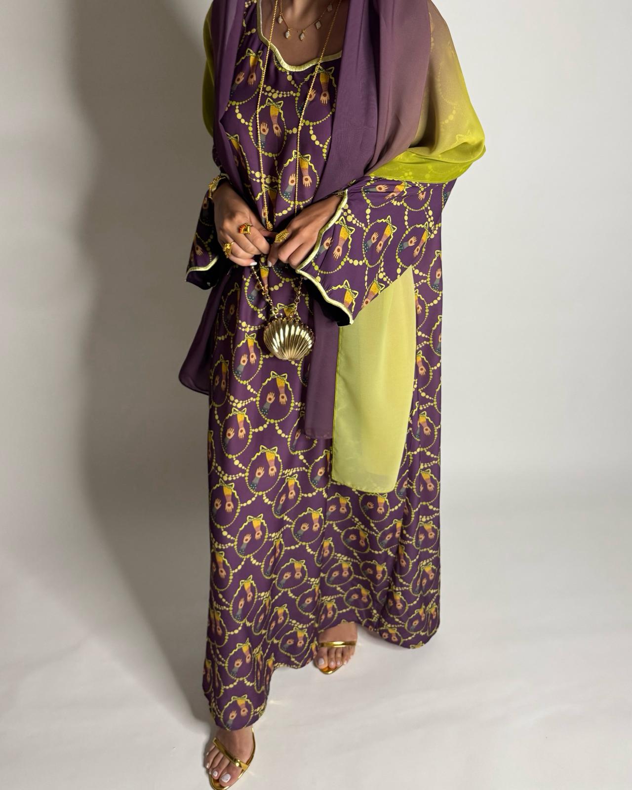 A532 - Dark Purple & Yellow Henna Pattern Jalabiya & Matching Ombre Head Scarf