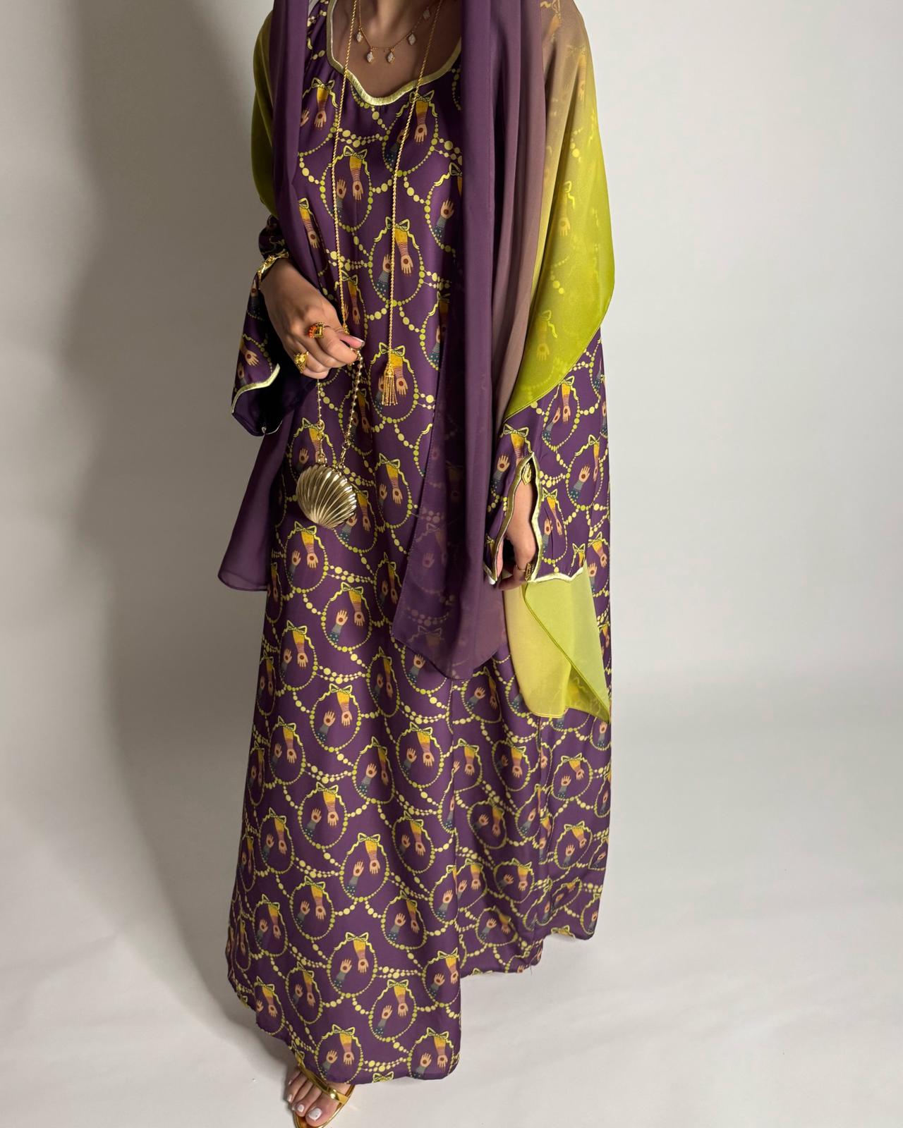 A532 - Dark Purple & Yellow Henna Pattern Jalabiya & Matching Ombre Head Scarf