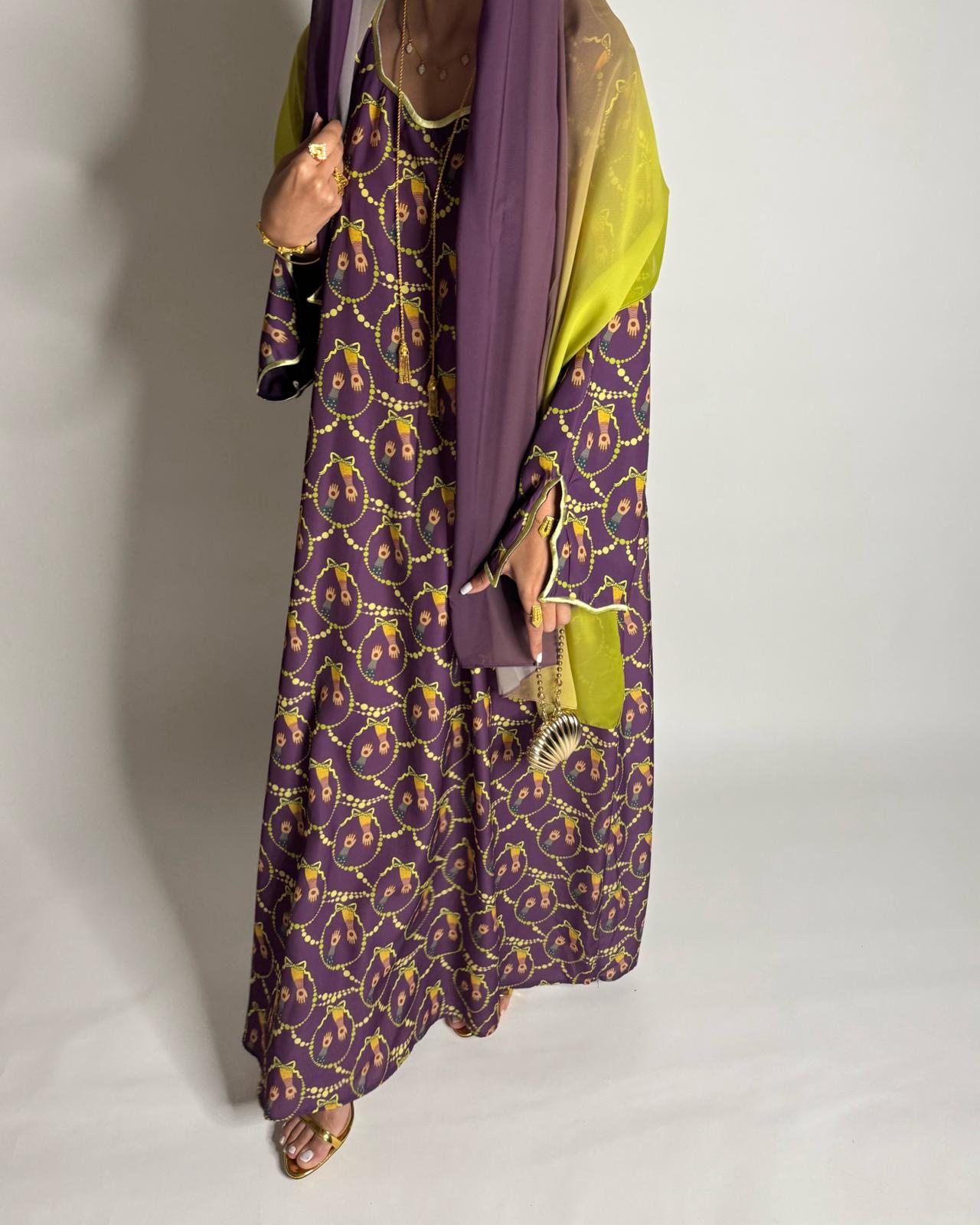 A532 - Dark Purple & Yellow Henna Pattern Jalabiya & Matching Ombre Head Scarf
