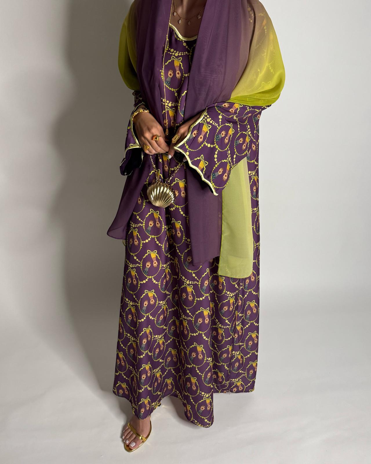 A532 - Dark Purple & Yellow Henna Pattern Jalabiya & Matching Ombre Head Scarf