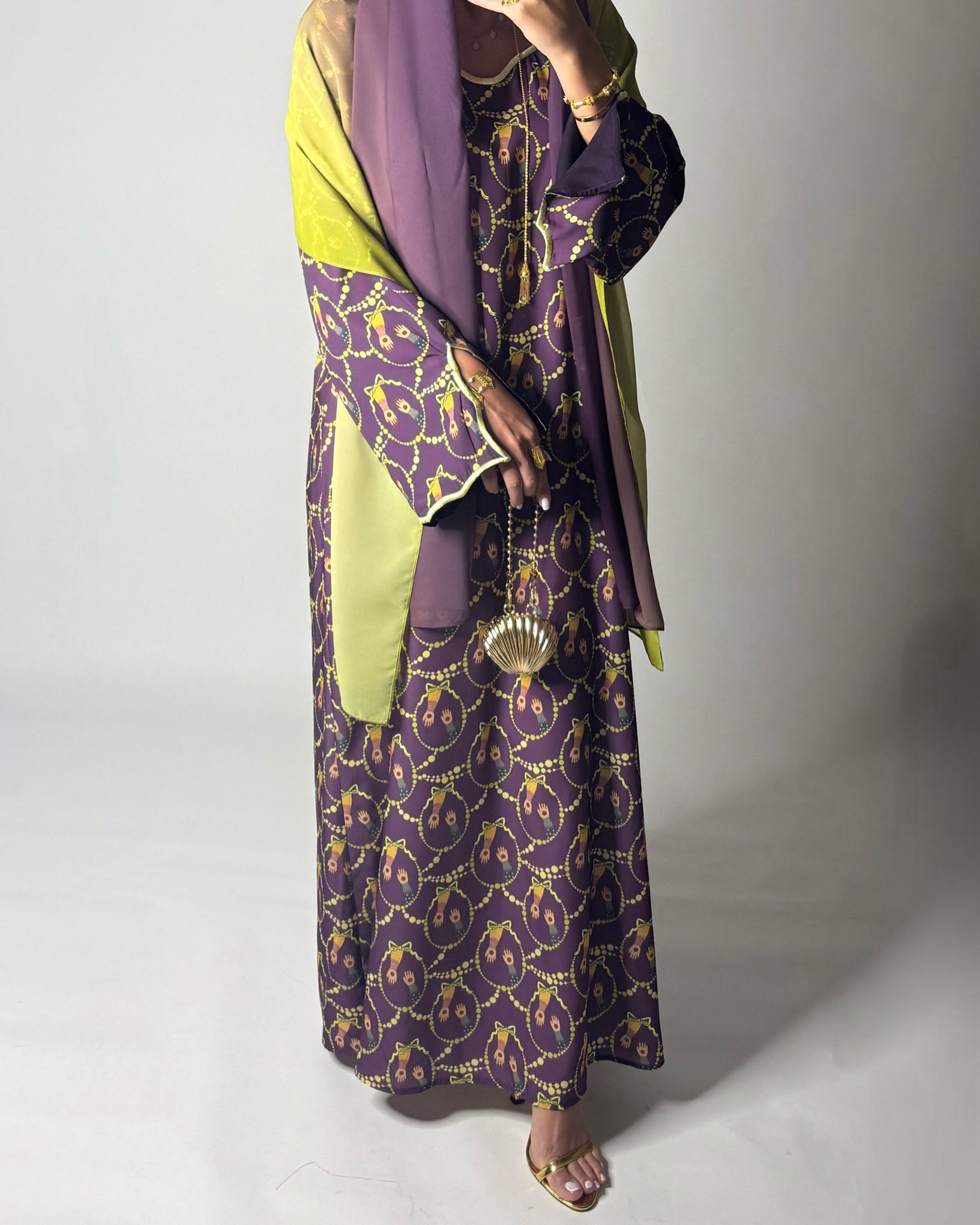 A532 - Dark Purple & Yellow Henna Pattern Jalabiya & Matching Ombre Head Scarf