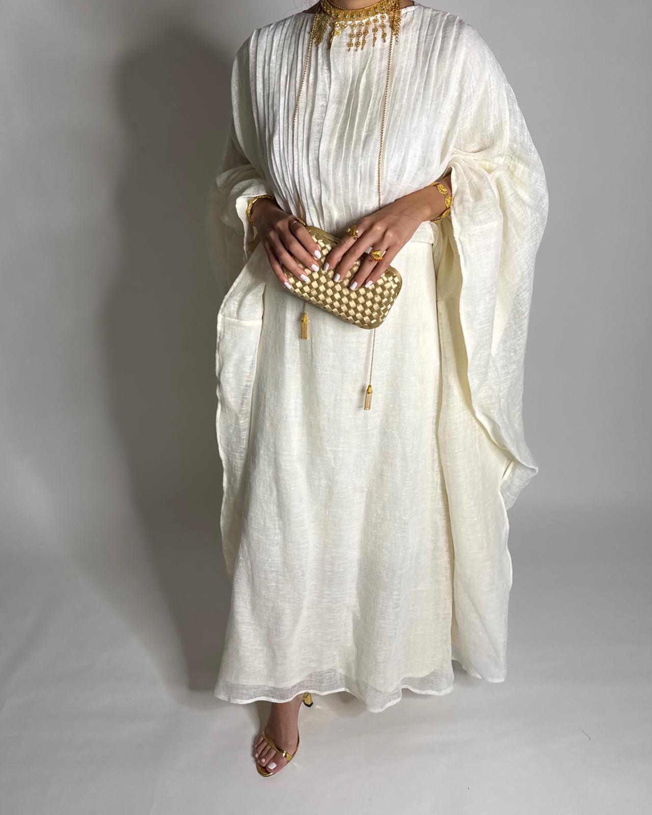 A536 - Off-White Linen Occasion Jalabiya (READY TO SHIP)