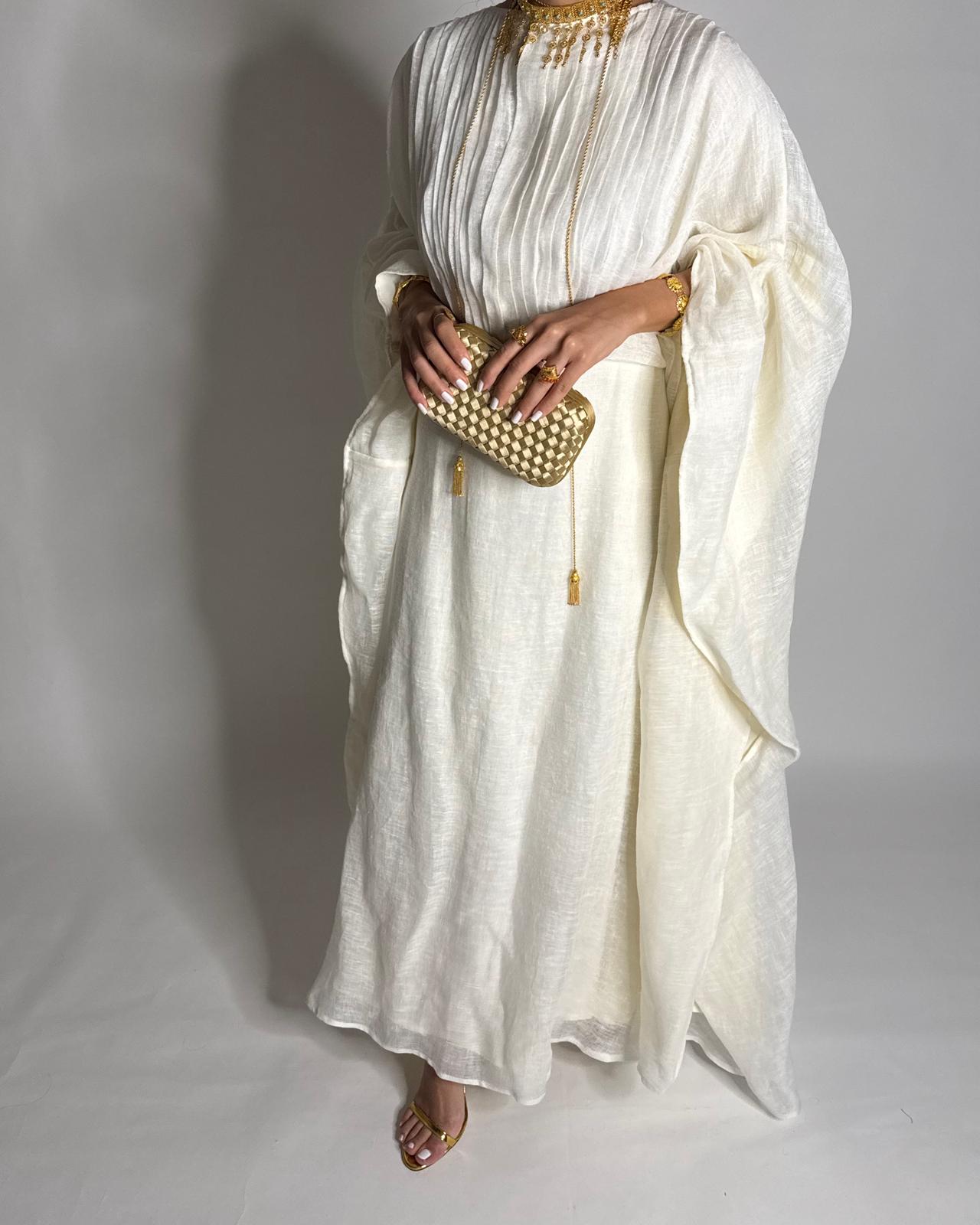 A536 - Off-White Linen Occasion Jalabiya (READY TO SHIP)