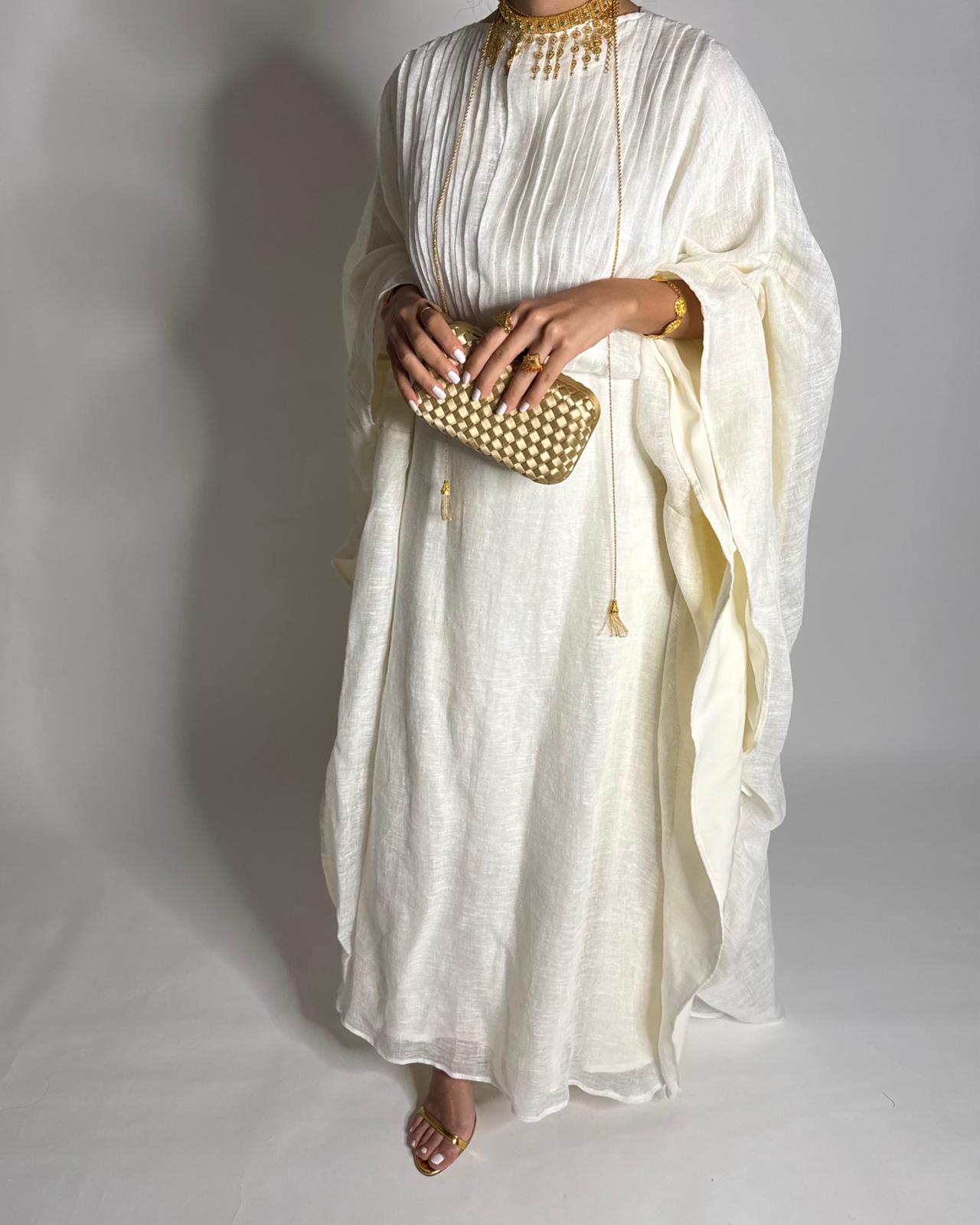 A536 - Off-White Linen Occasion Jalabiya (READY TO SHIP)