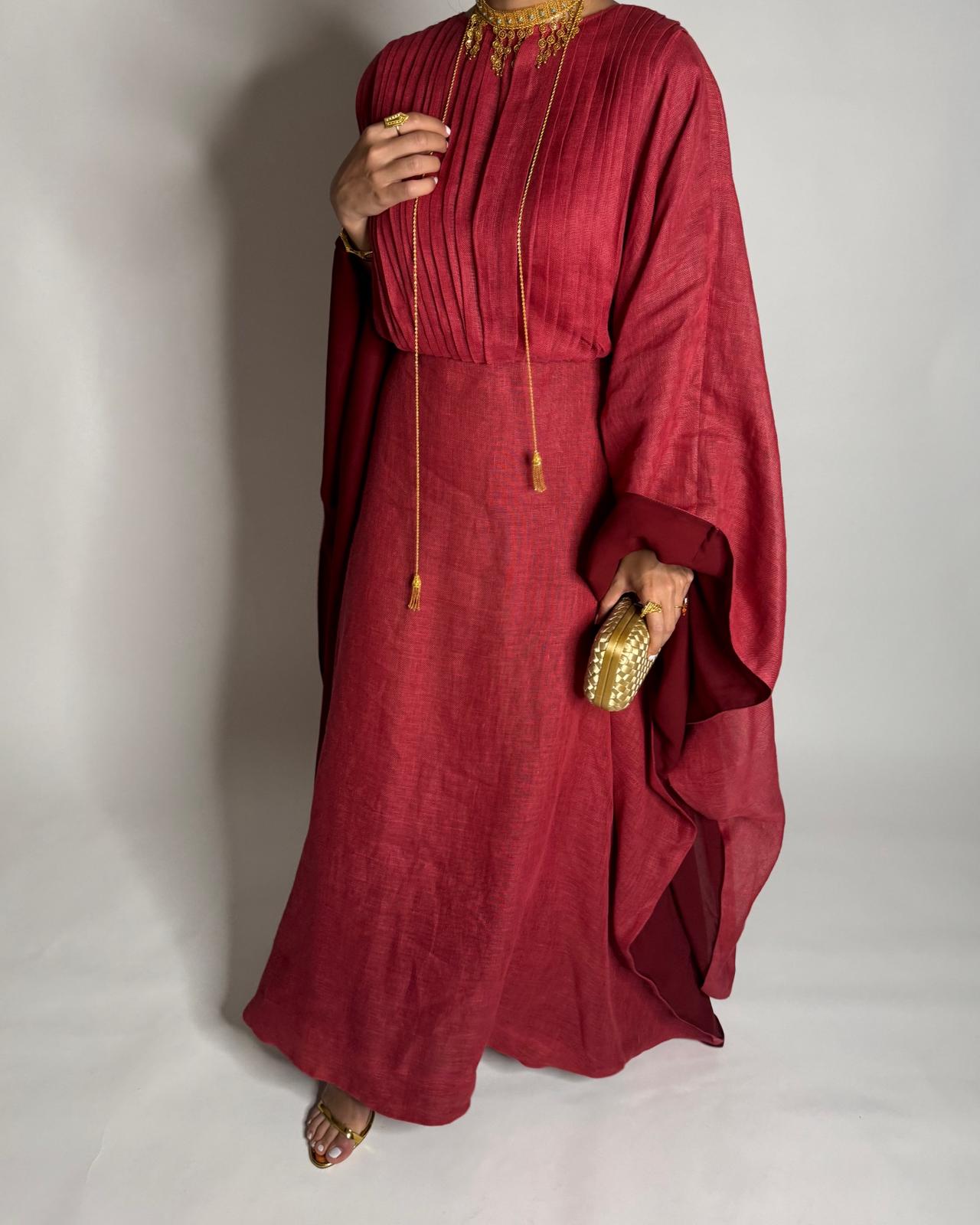 A539 - Red-ish/ Maroon Linen Occasion Jalabiya (READY TO SHIP)