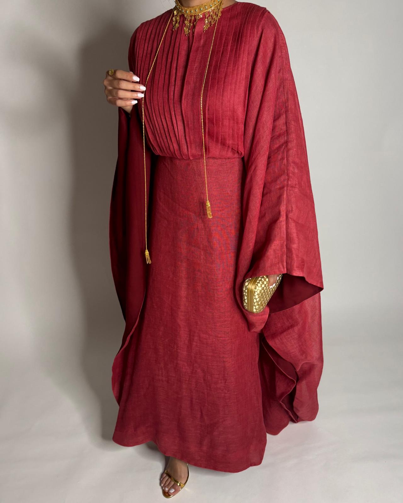 A539 - Red-ish/ Maroon Linen Occasion Jalabiya (READY TO SHIP)