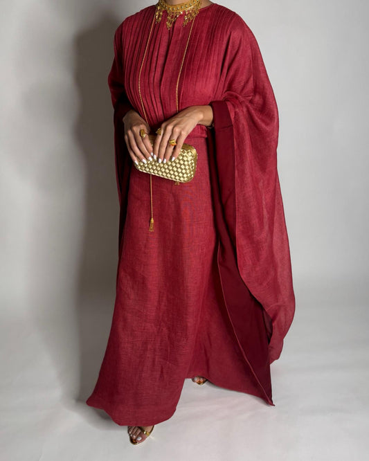 A539 - Red-ish/ Maroon Linen Occasion Jalabiya (READY TO SHIP)