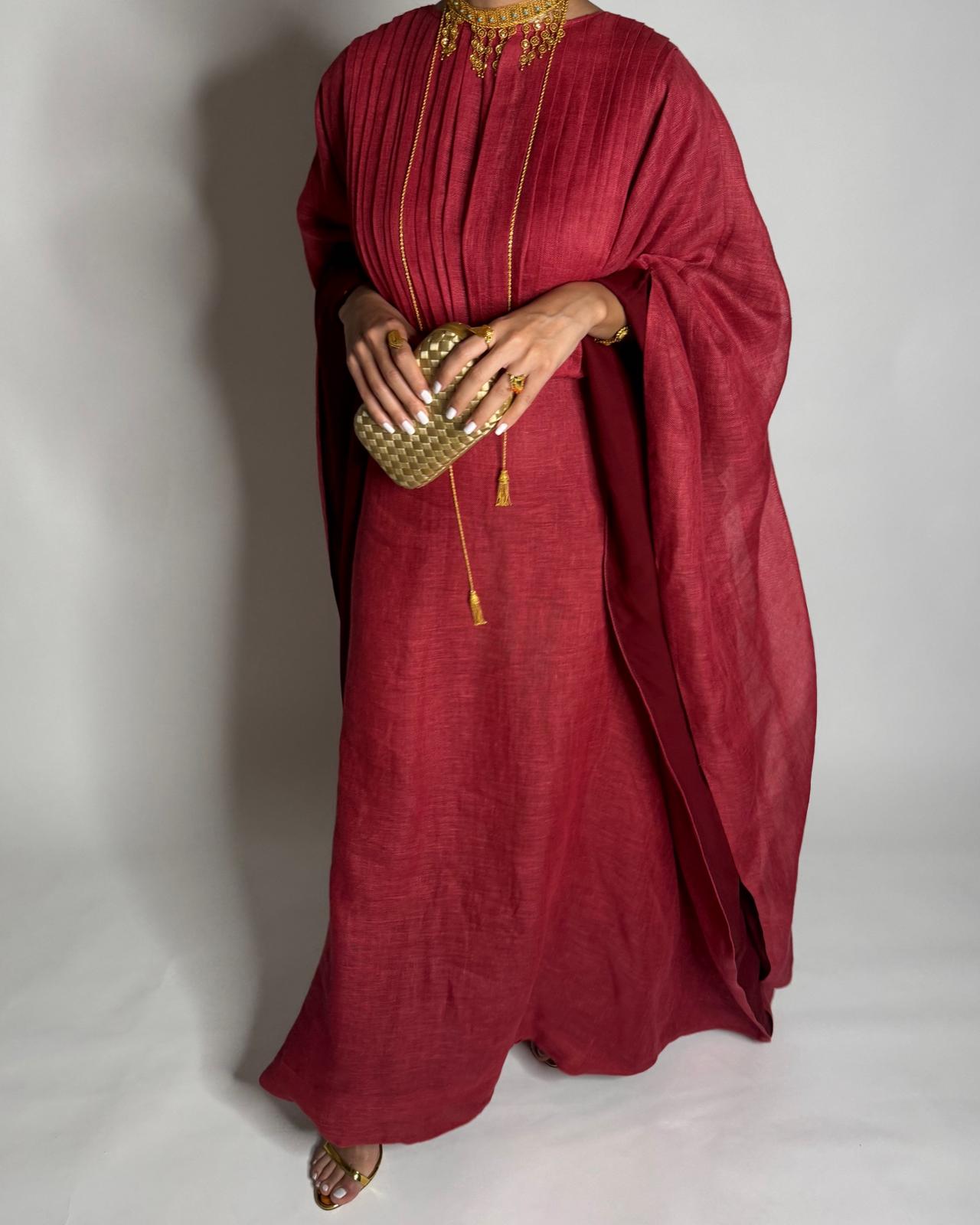 A539 - Red-ish/ Maroon Linen Occasion Jalabiya (READY TO SHIP)