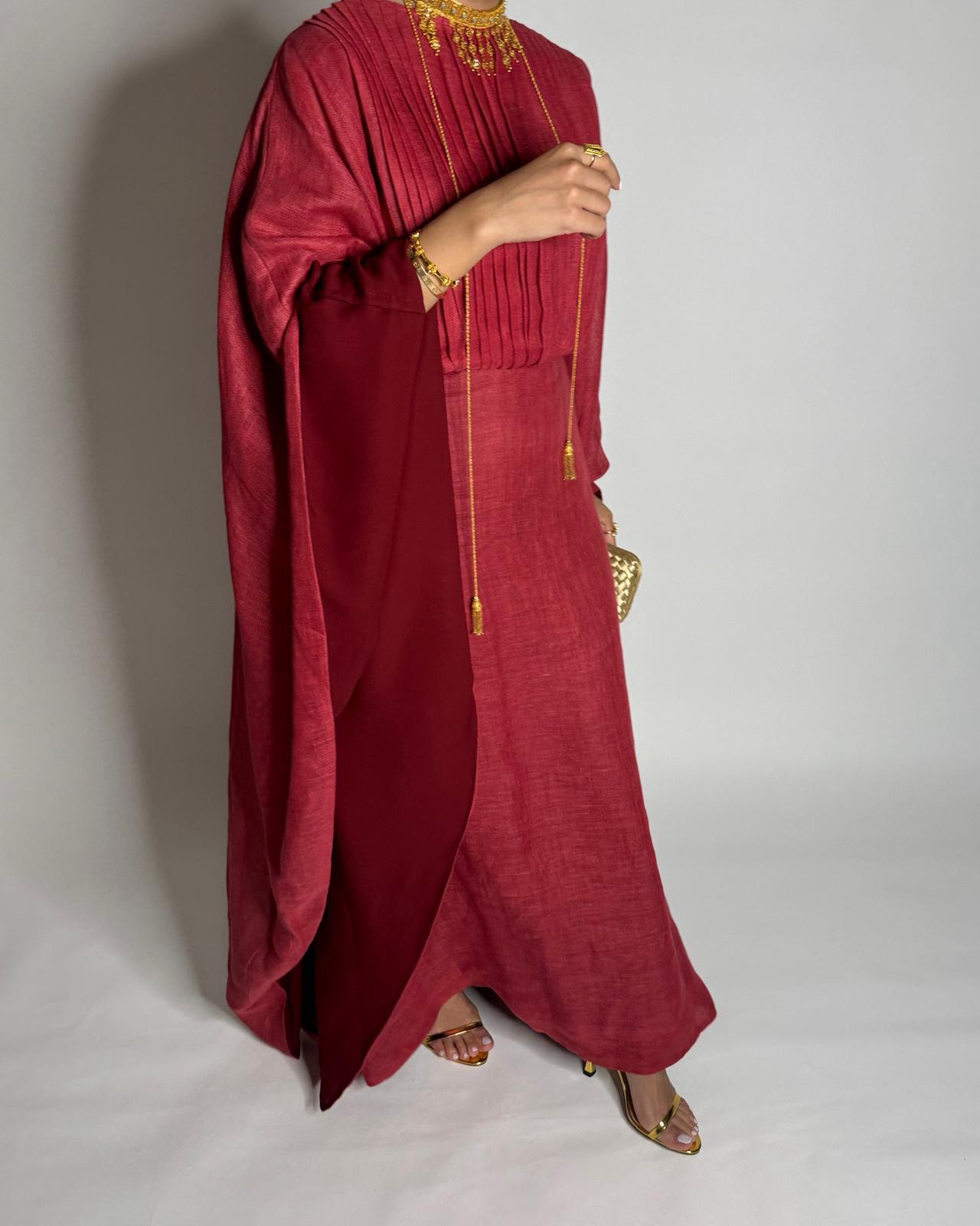 A539 - Red-ish/ Maroon Linen Occasion Jalabiya (READY TO SHIP)