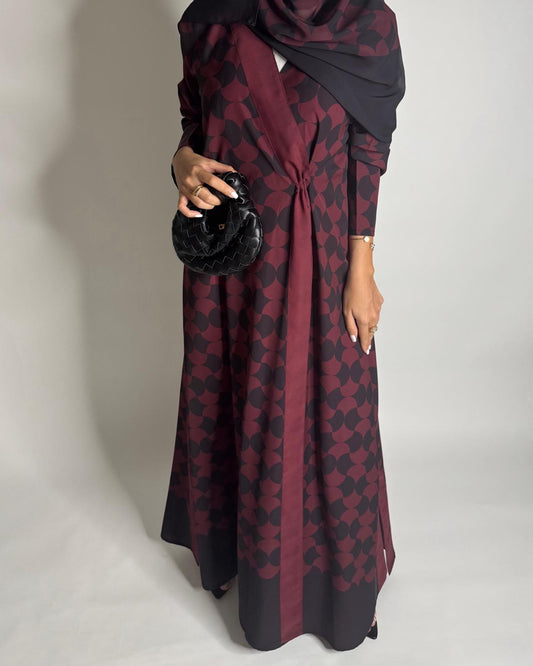 A546 - Shades of Burgundy/ Maroon A-Cut Pattern Abaya & Matching Head Scarf