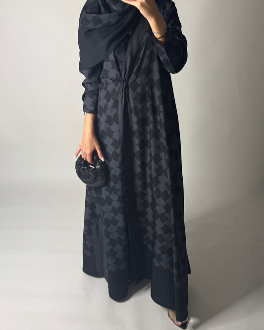 A544 - Black & Gray A-Cut Pattern Abaya & Matching Head Scarf