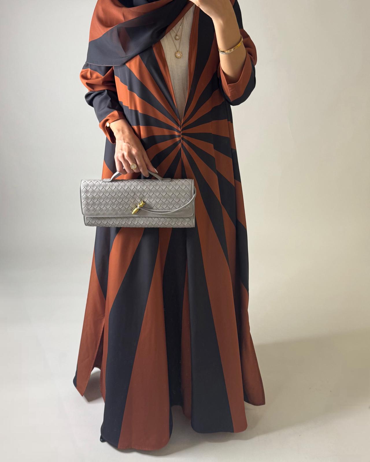 A552 - Burnt Orange & Dark Gray Zebra Pattern A-Cut Abaya & Matching Head Scarf