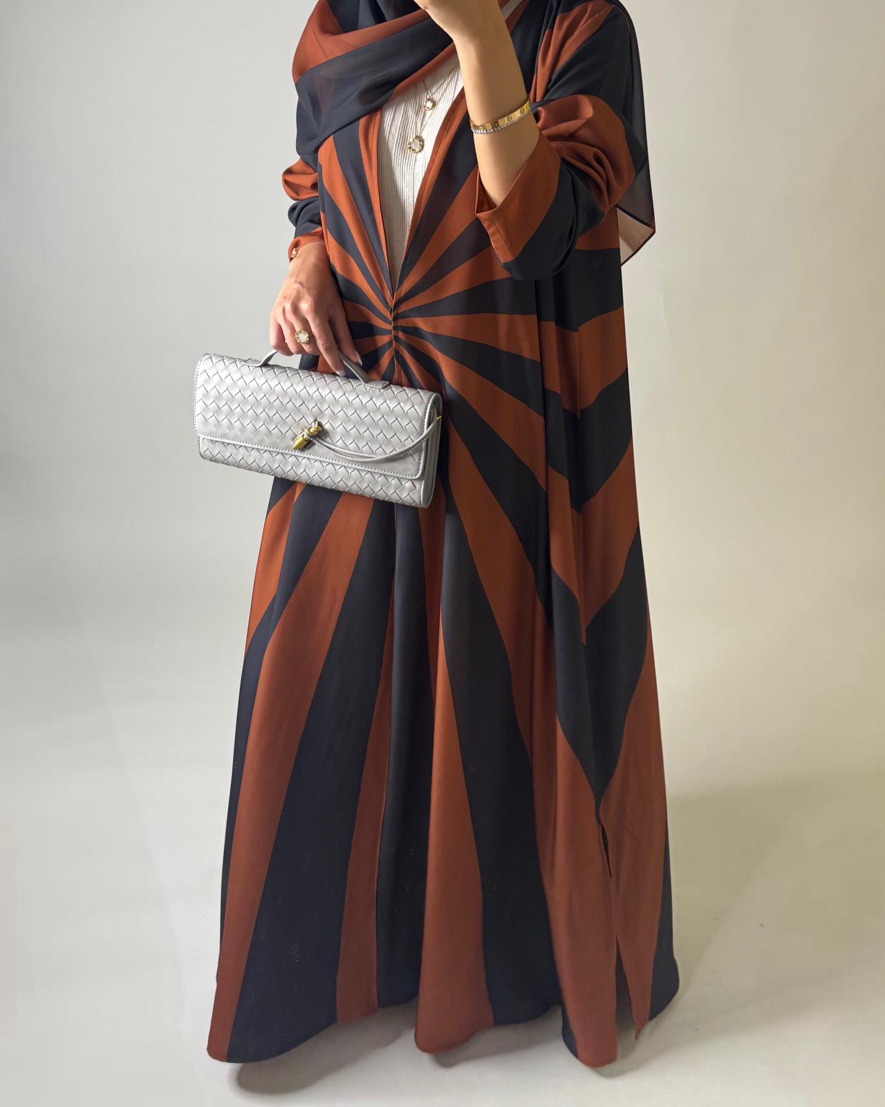 A552 - Burnt Orange & Dark Gray Zebra Pattern A-Cut Abaya & Matching Head Scarf