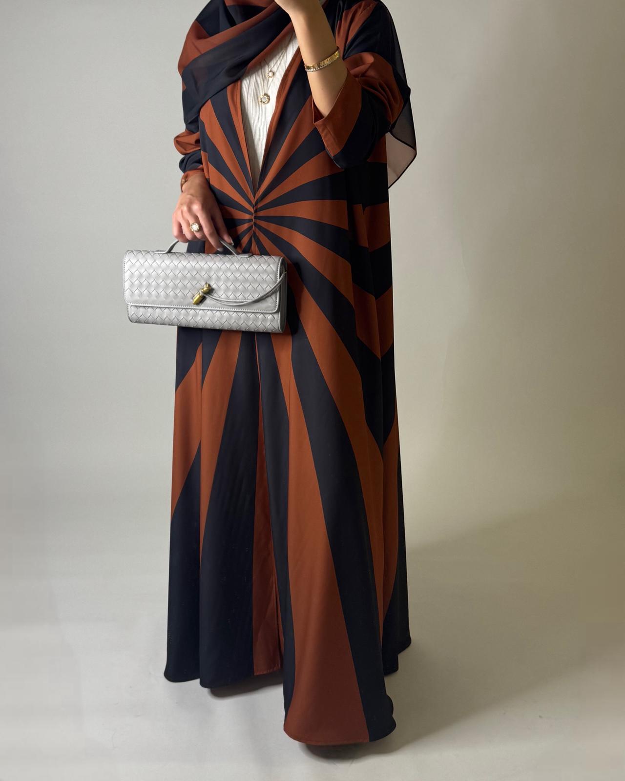 A552 - Burnt Orange & Dark Gray Zebra Pattern A-Cut Abaya & Matching Head Scarf