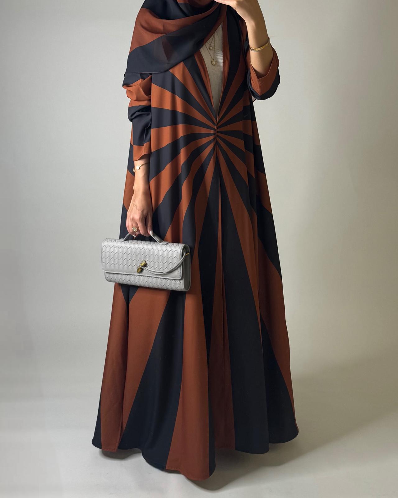 A552 - Burnt Orange & Dark Gray Zebra Pattern A-Cut Abaya & Matching Head Scarf