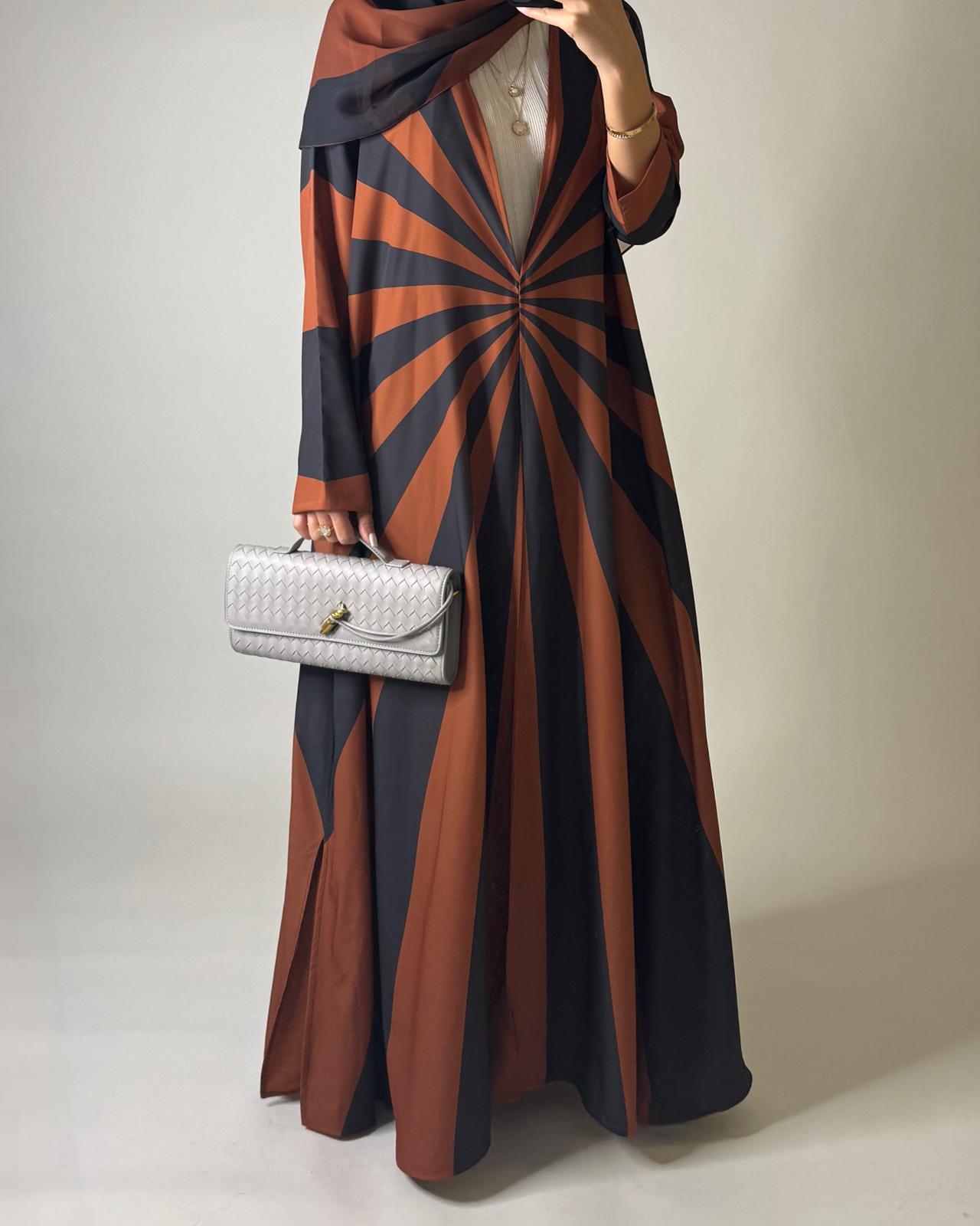 A552 - Burnt Orange & Dark Gray Zebra Pattern A-Cut Abaya & Matching Head Scarf
