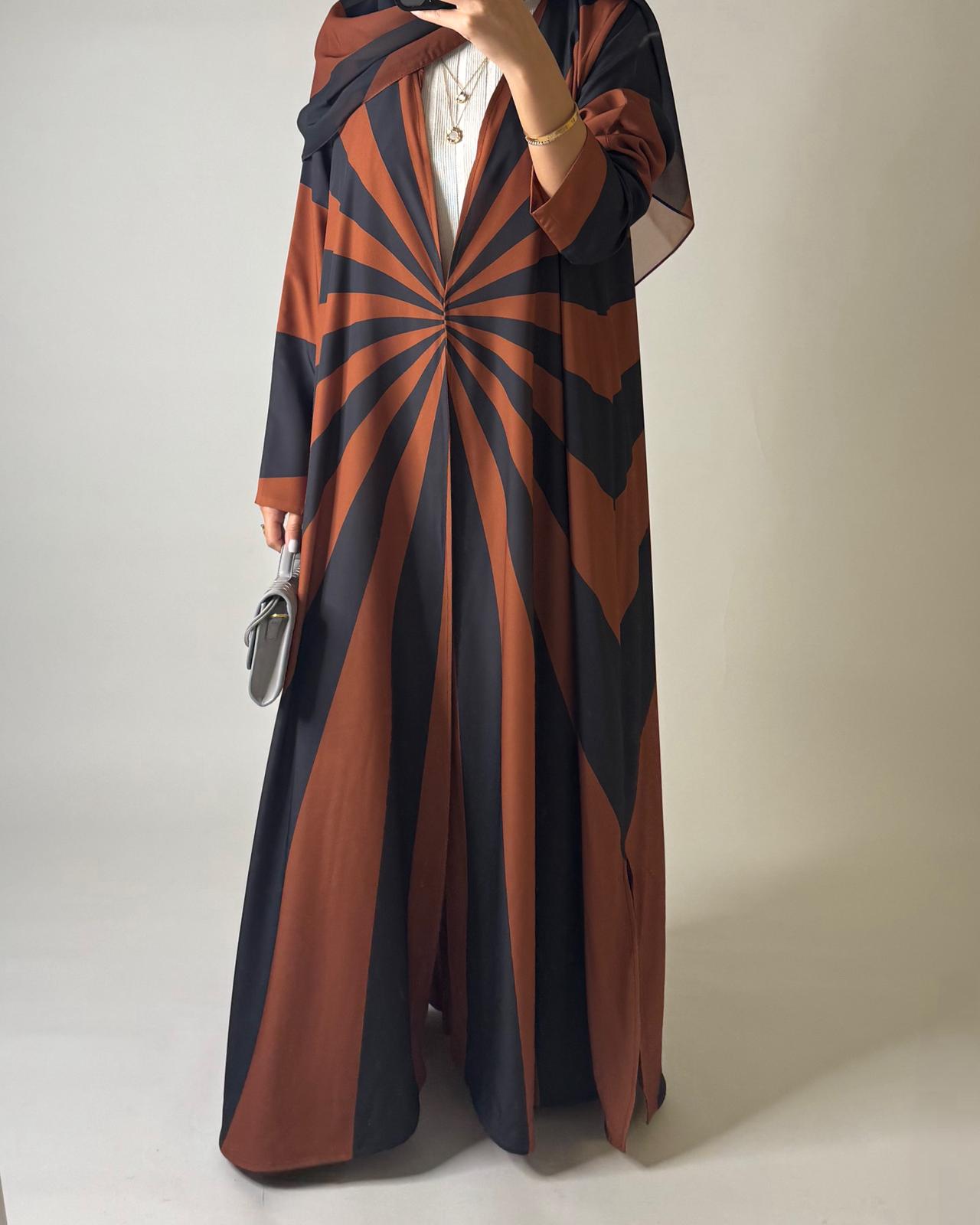 A552 - Burnt Orange & Dark Gray Zebra Pattern A-Cut Abaya & Matching Head Scarf