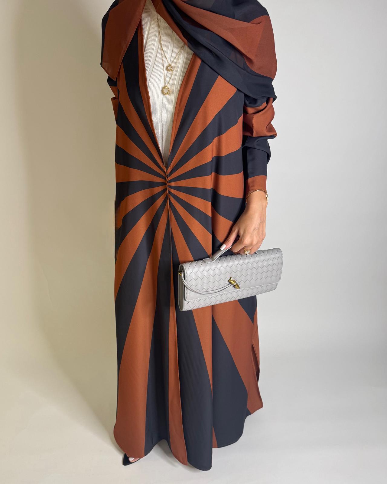A552 - Burnt Orange & Dark Gray Zebra Pattern A-Cut Abaya & Matching Head Scarf