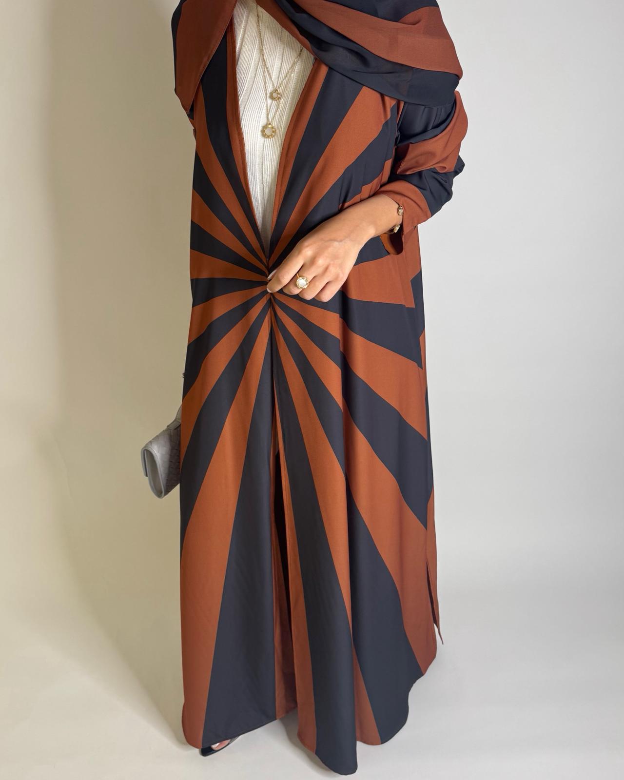 A552 - Burnt Orange & Dark Gray Zebra Pattern A-Cut Abaya & Matching Head Scarf