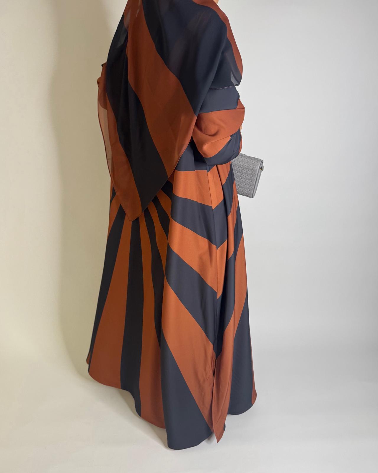A552 - Burnt Orange & Dark Gray Zebra Pattern A-Cut Abaya & Matching Head Scarf
