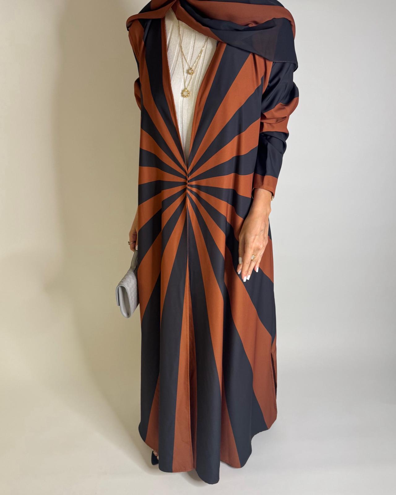 A552 - Burnt Orange & Dark Gray Zebra Pattern A-Cut Abaya & Matching Head Scarf