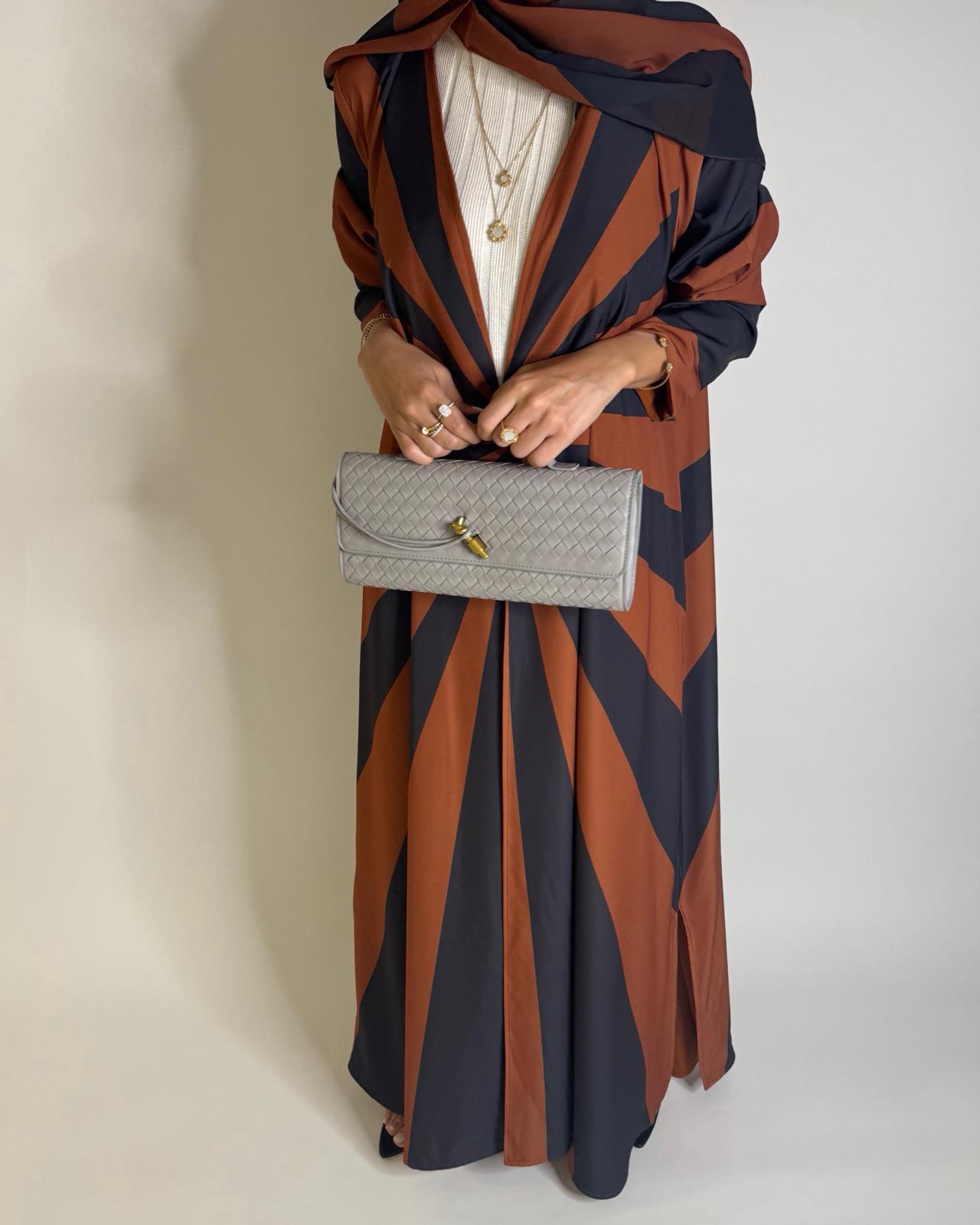 A552 - Burnt Orange & Dark Gray Zebra Pattern A-Cut Abaya & Matching Head Scarf