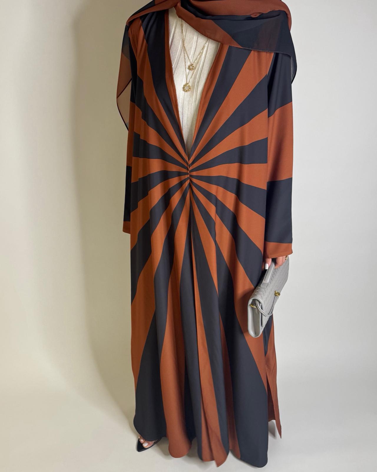 A552 - Burnt Orange & Dark Gray Zebra Pattern A-Cut Abaya & Matching Head Scarf