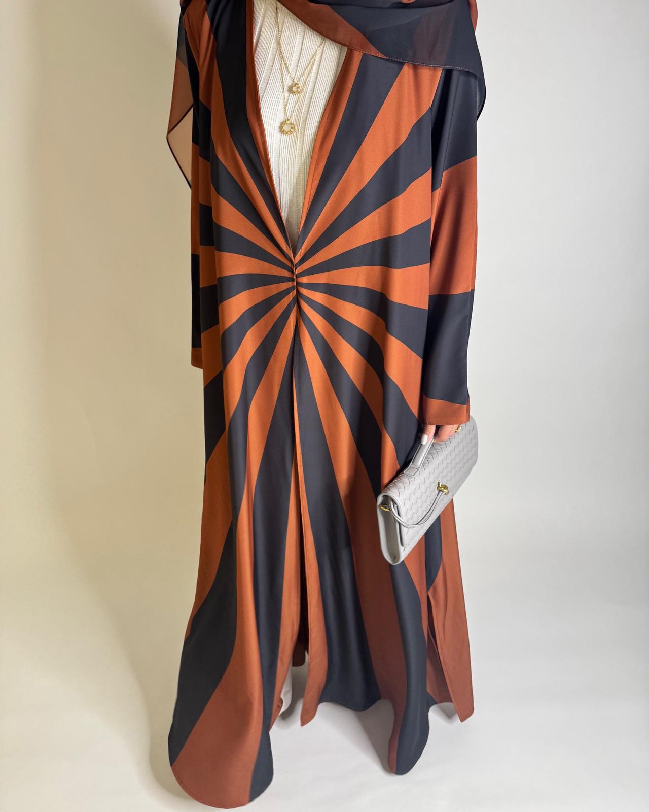 A552 - Burnt Orange & Dark Gray Zebra Pattern A-Cut Abaya & Matching Head Scarf