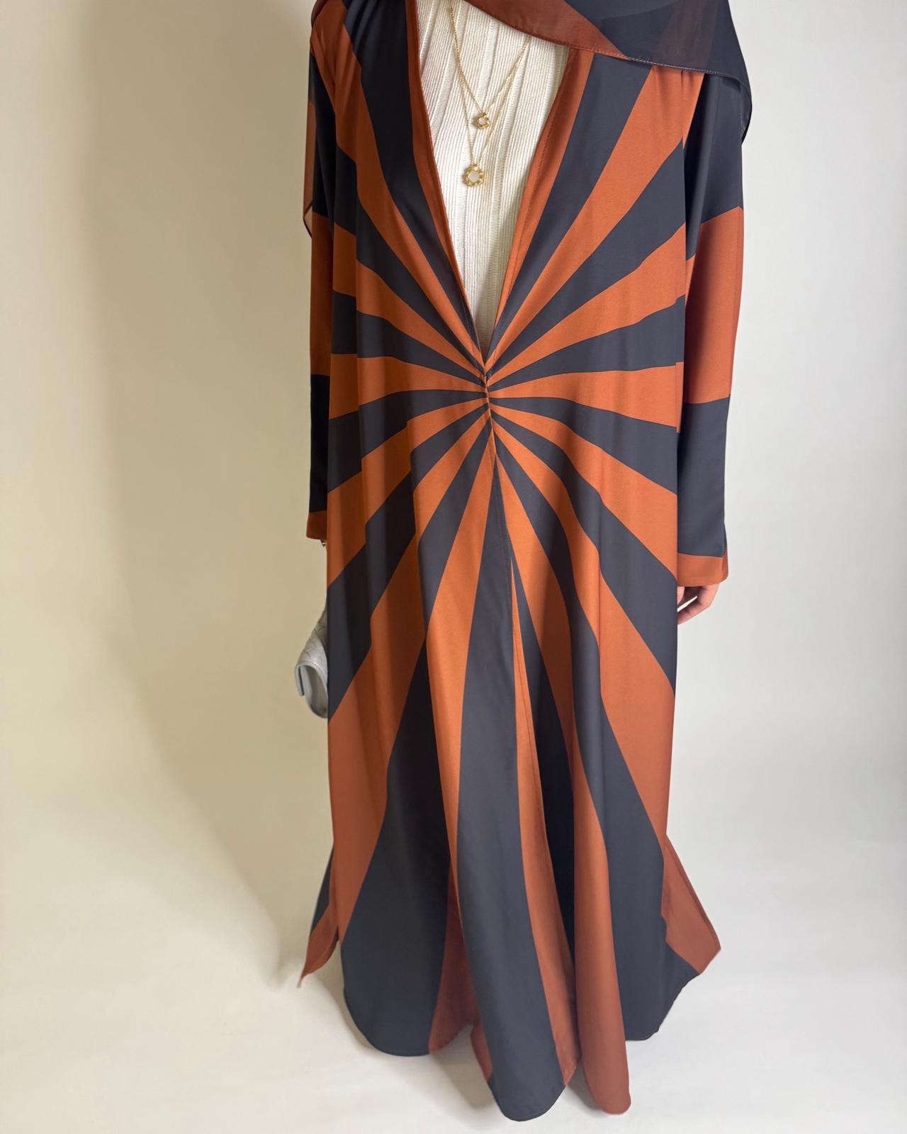 A552 - Burnt Orange & Dark Gray Zebra Pattern A-Cut Abaya & Matching Head Scarf