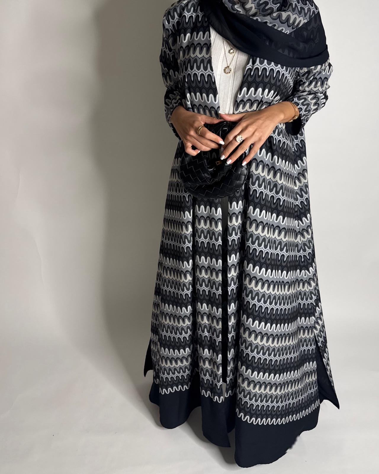 A566 - Black & Gray Swirl Pattern A-Cut Abaya & Matching Head Scarf