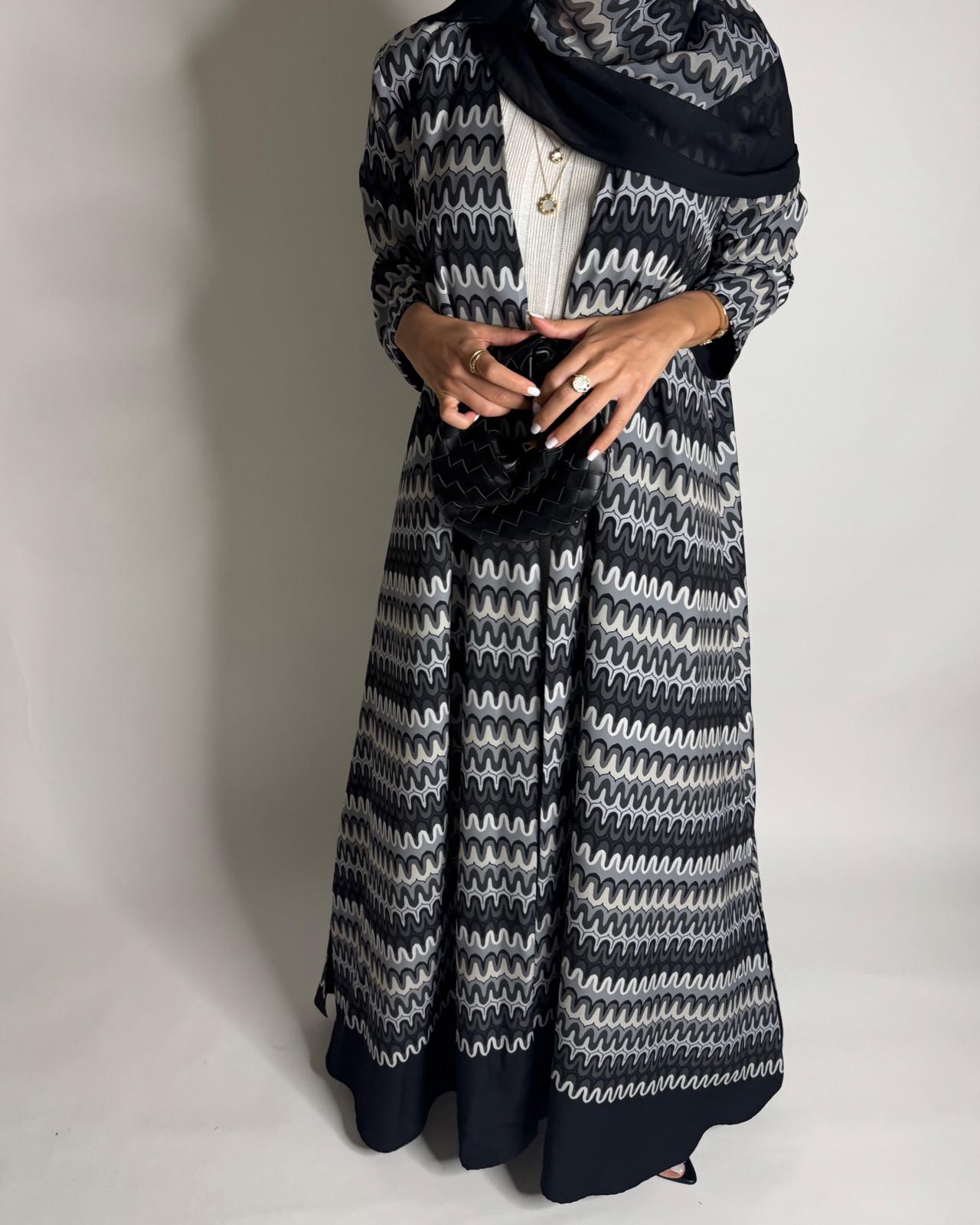 A566 - Black & Gray Swirl Pattern A-Cut Abaya & Matching Head Scarf