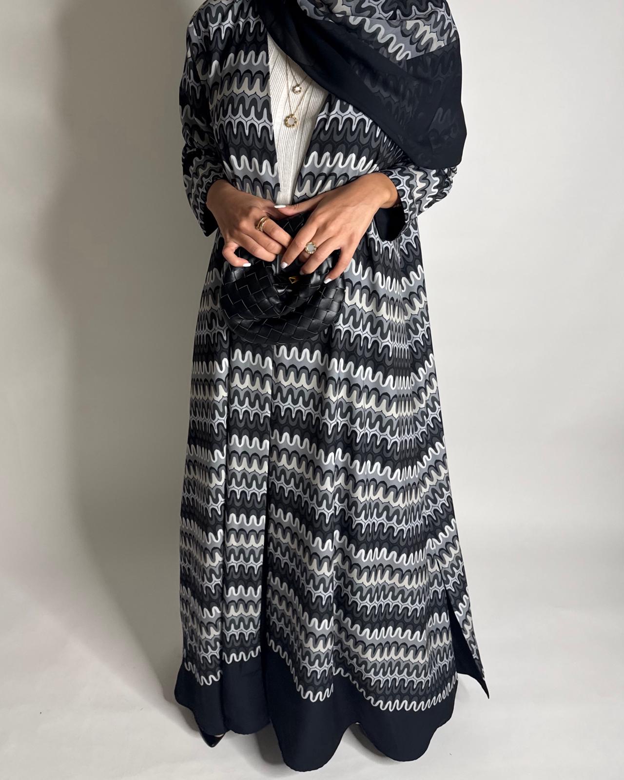 A566 - Black & Gray Swirl Pattern A-Cut Abaya & Matching Head Scarf