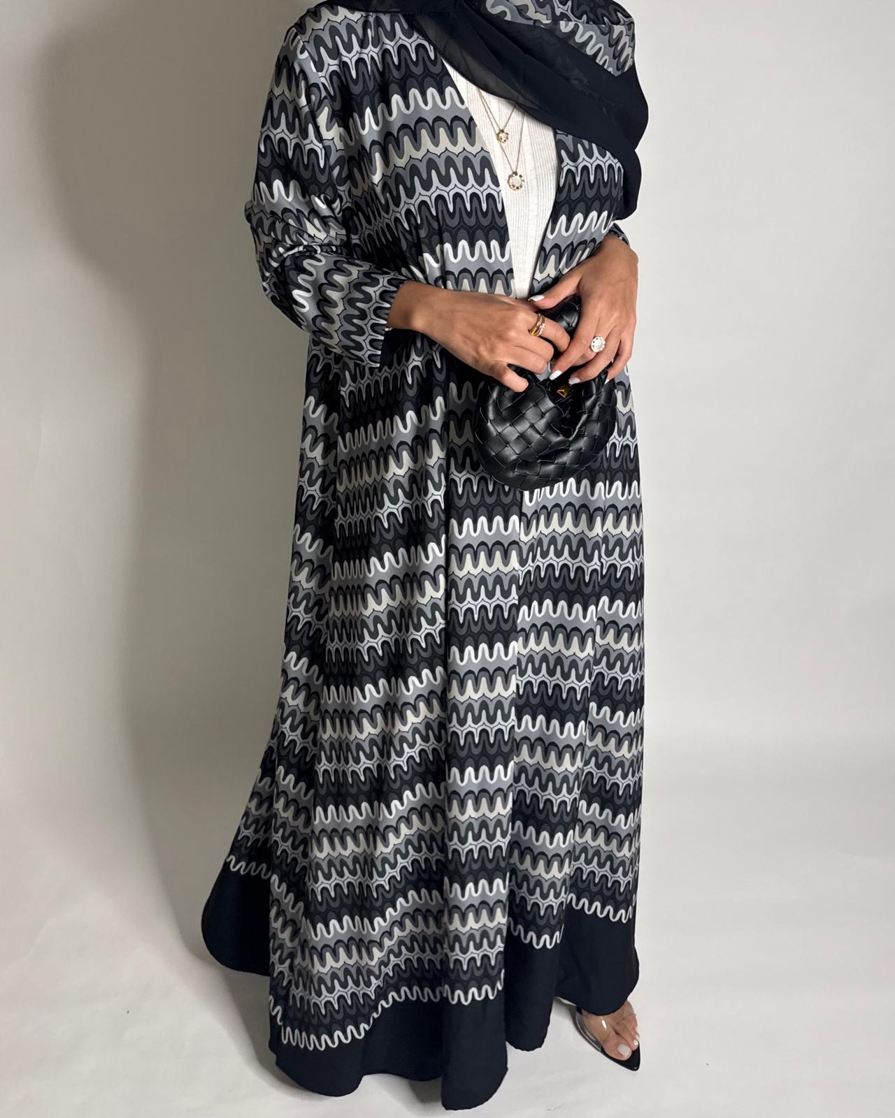 A566 - Black & Gray Swirl Pattern A-Cut Abaya & Matching Head Scarf