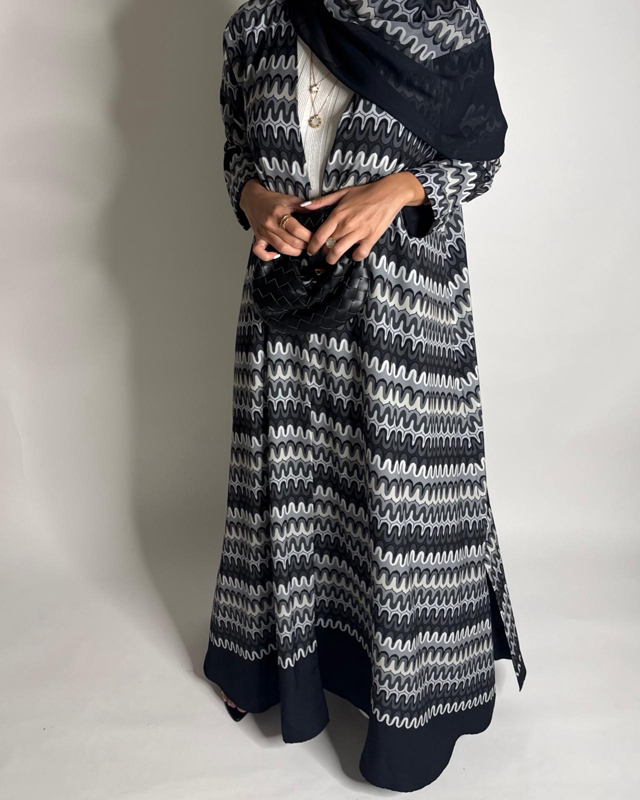 A566 - Black & Gray Swirl Pattern A-Cut Abaya & Matching Head Scarf