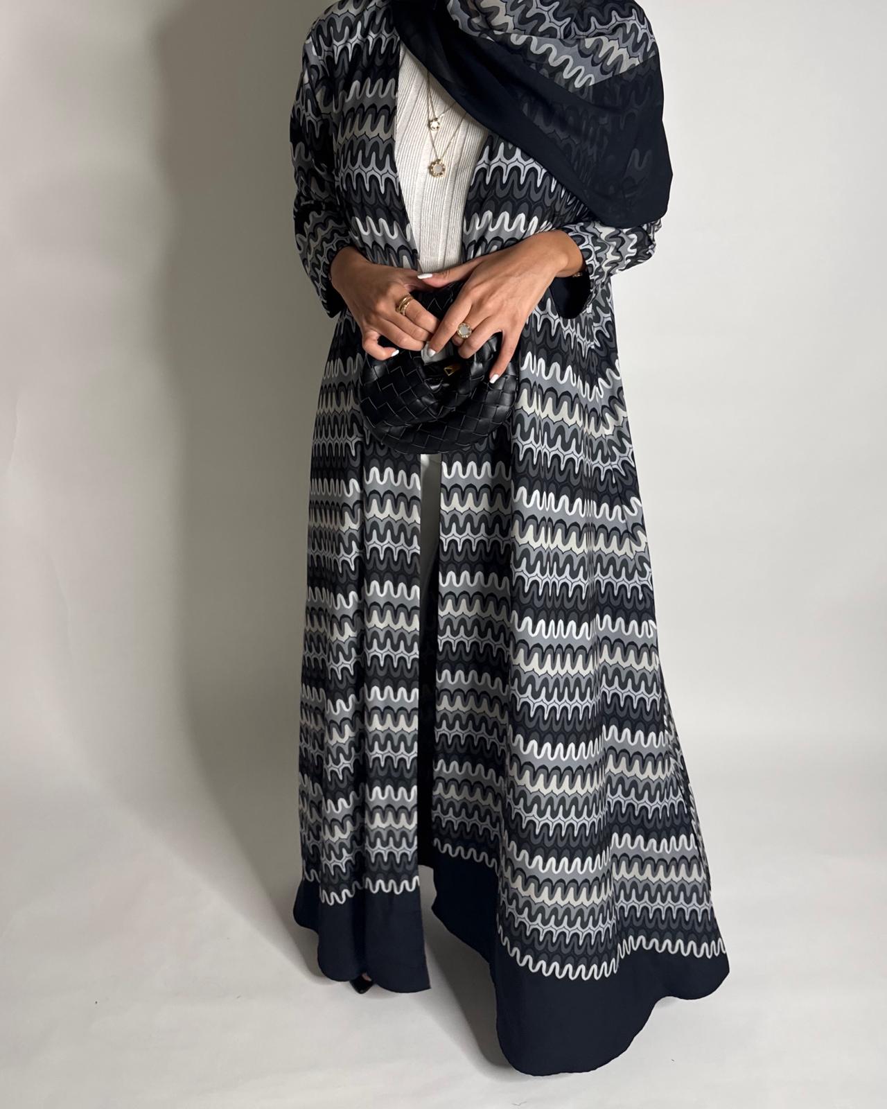 A566 - Black & Gray Swirl Pattern A-Cut Abaya & Matching Head Scarf